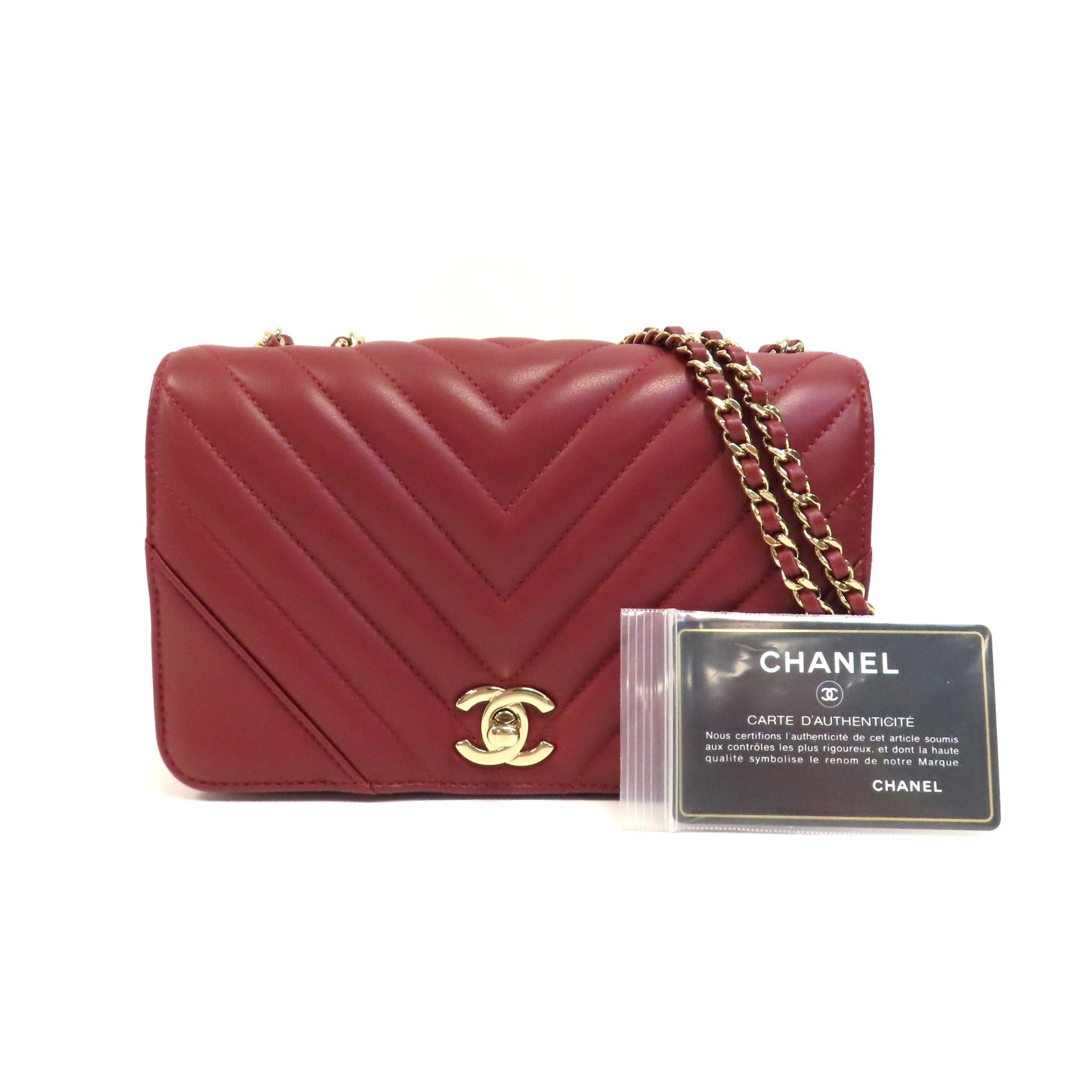 CHANEL 【激減優惠】斜紋牛皮皮革Chain Shoulder Bag金扣鏈帶肩背袋紅色