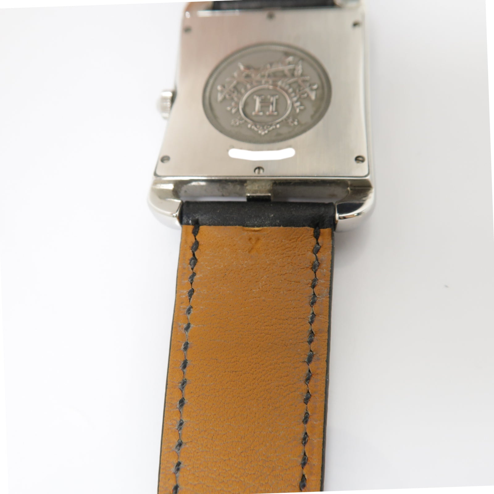 HERMES Cape Cod TGM不鏽鋼/皮革帶石英機芯手錶白色/黑色