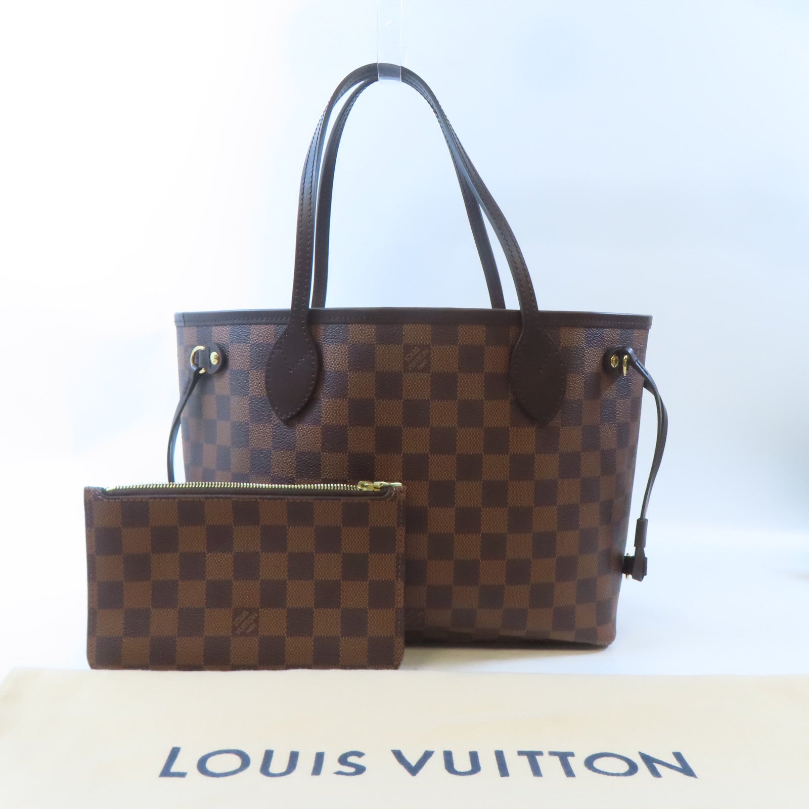 LOUIS VUITTON Damier NeverFull PM金扣肩背袋棕色