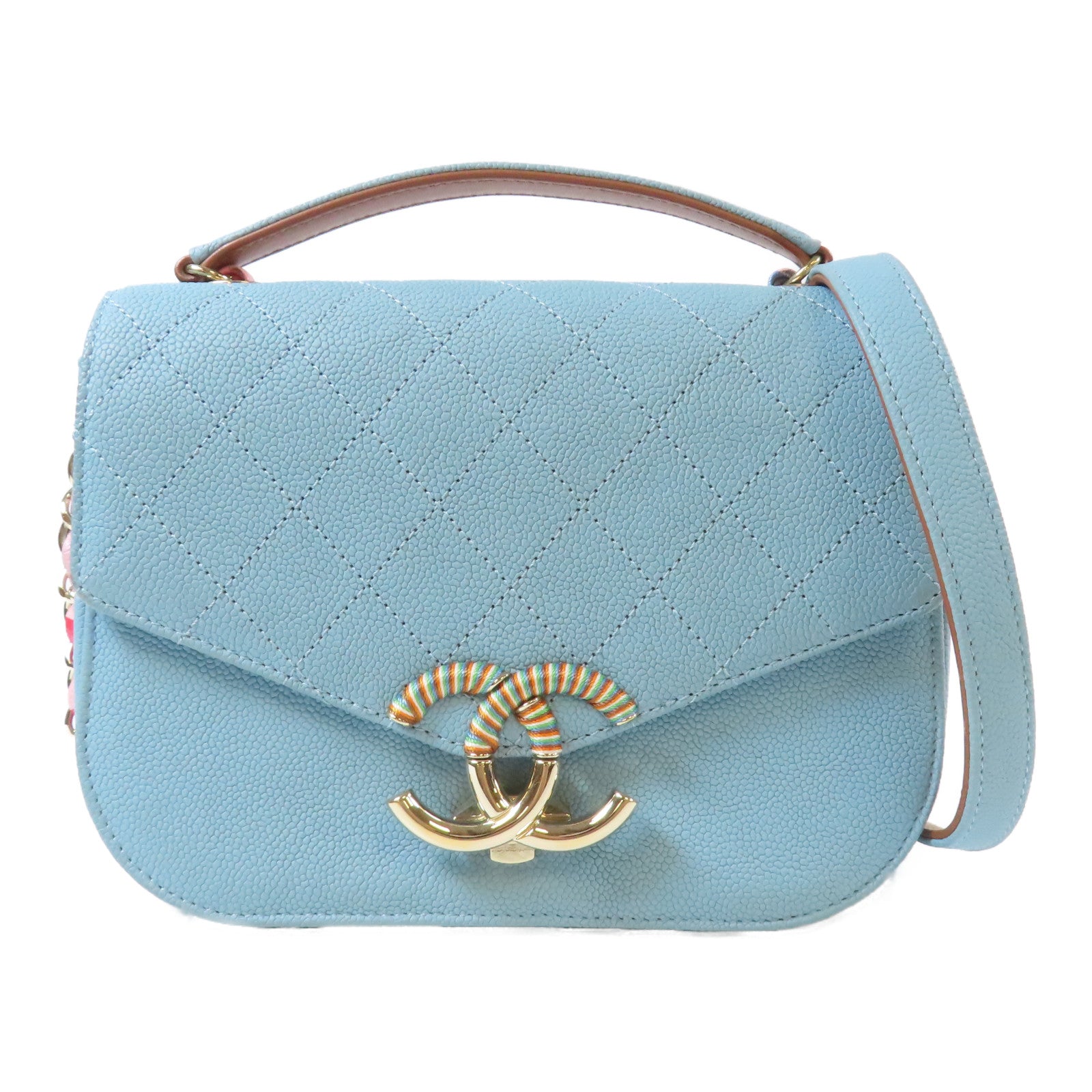 CHANEL 菱格Caviar皮革Cuba Top Handle Flap銀扣鏈帶手挽肩背兩用袋藍色