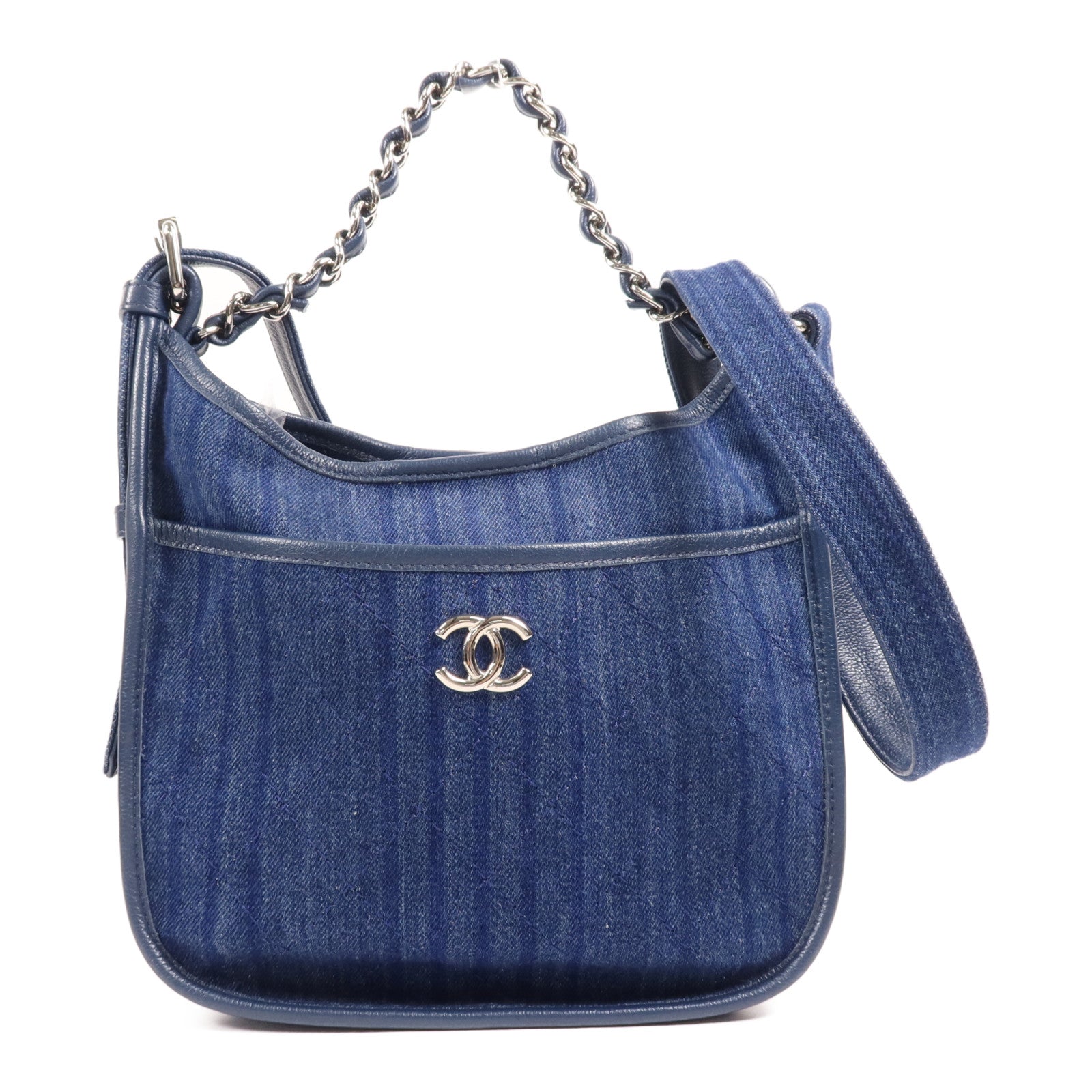 CHANEL 帆布Chain Shoulder銀扣鏈帶肩背袋