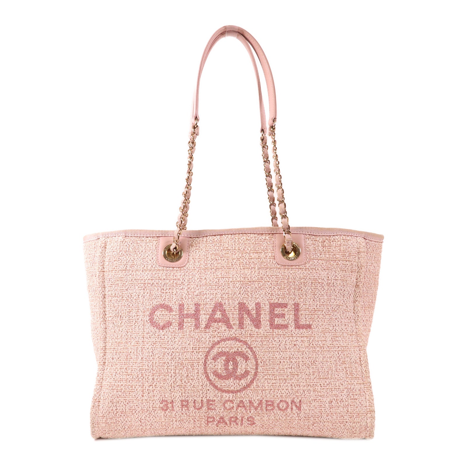 CHANEL 拉菲草Deauville Tote Bag金扣鏈帶肩背袋
