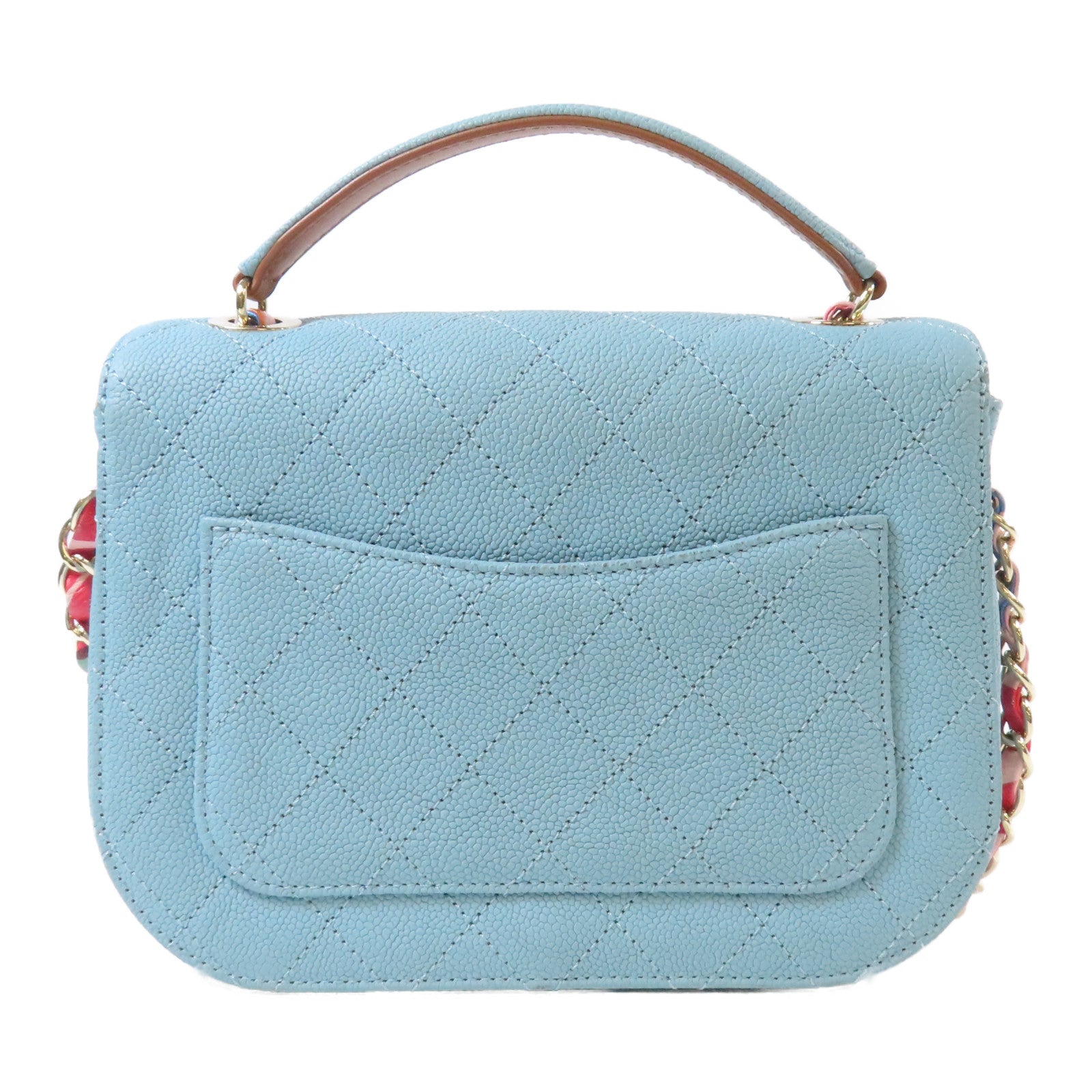 CHANEL 菱格Caviar皮革Cuba Top Handle Flap銀扣鏈帶手挽肩背兩用袋藍色