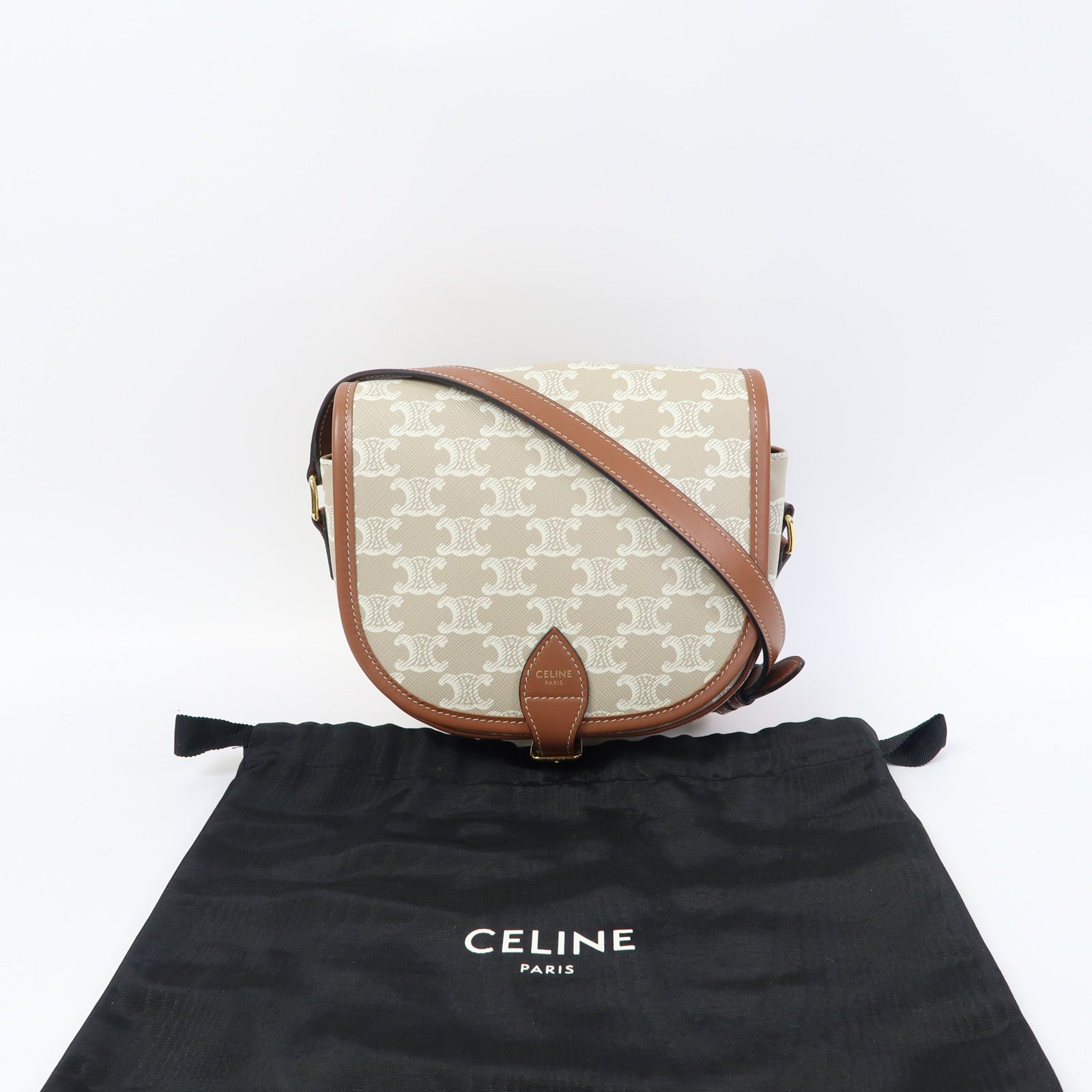 CELINE Triomphe帆布/牛皮皮革Folco Medium Bag金扣肩背袋卡其色/啡色