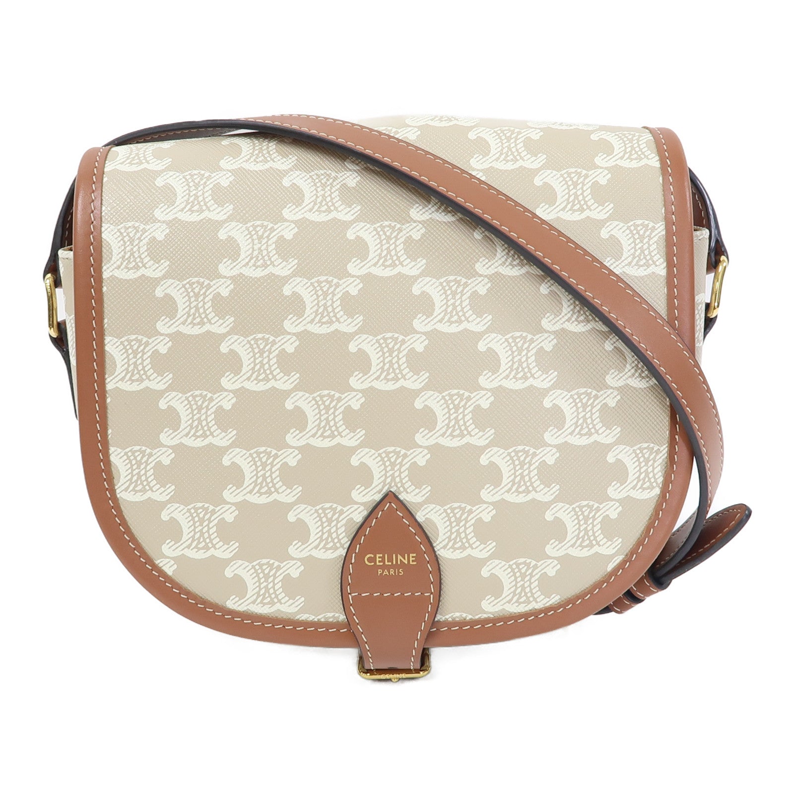 CELINE Triomphe帆布/牛皮皮革Folco Medium Bag金扣肩背袋卡其色/啡色