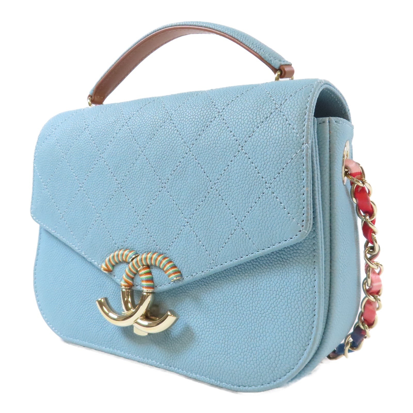 CHANEL 菱格Caviar皮革Cuba Top Handle Flap銀扣鏈帶手挽肩背兩用袋藍色