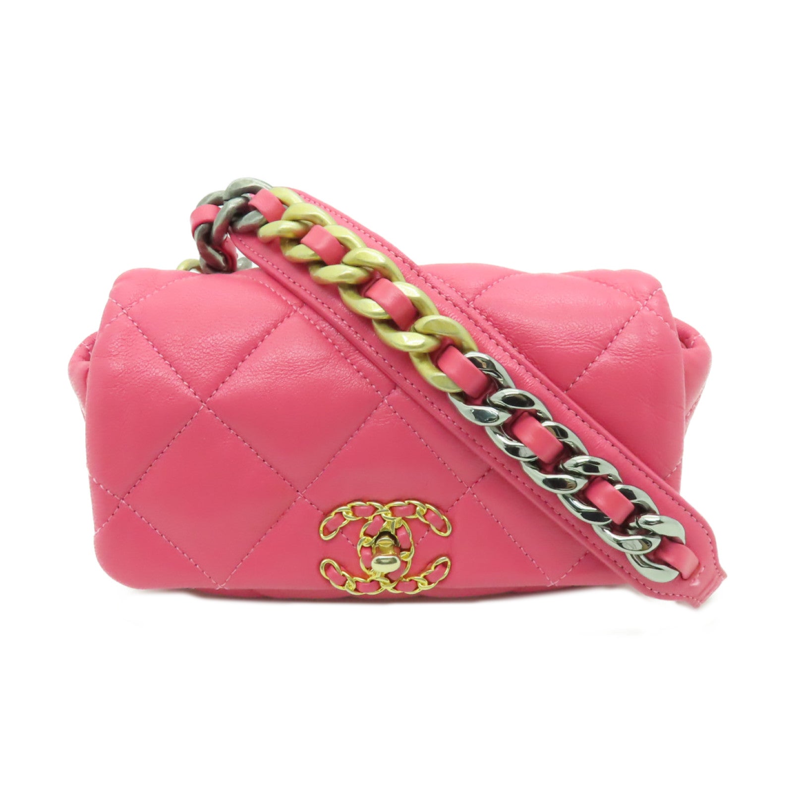CHANEL 【激減優惠】菱格羊皮皮革Waist Bag金扣腰包粉紅色
