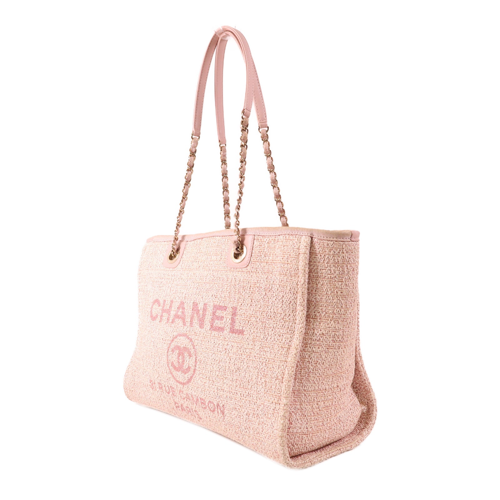 CHANEL 拉菲草Deauville Tote Bag金扣鏈帶肩背袋
