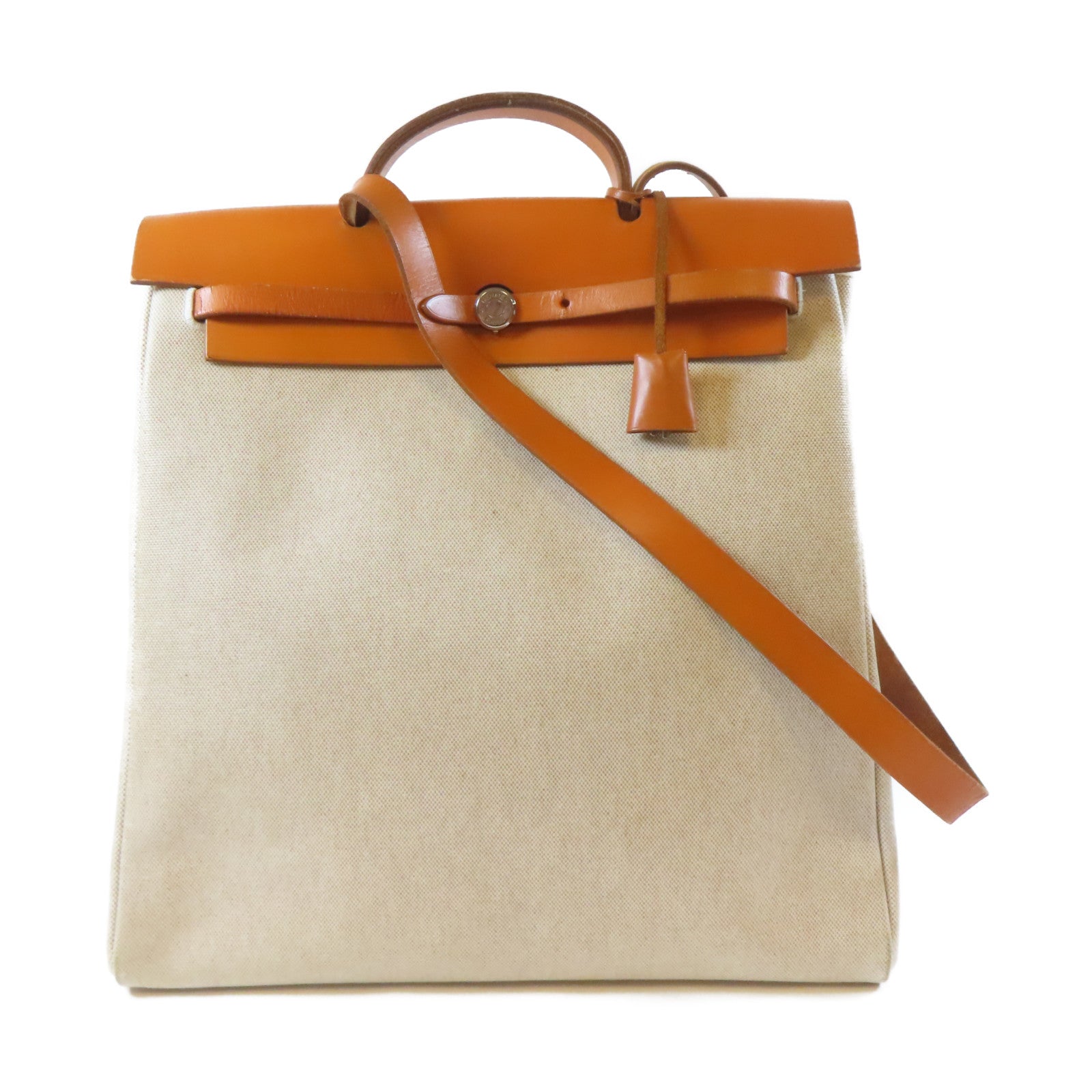 HERMES 帆布Herbag GM銀扣手挽肩背兩用袋米色