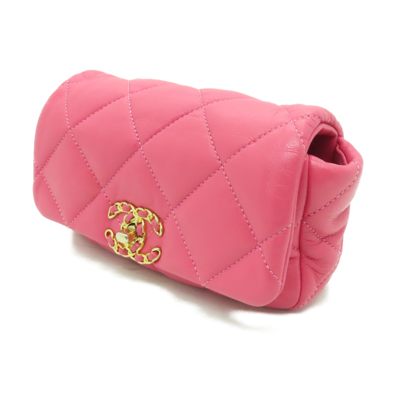 CHANEL 【激減優惠】菱格羊皮皮革Waist Bag金扣腰包粉紅色
