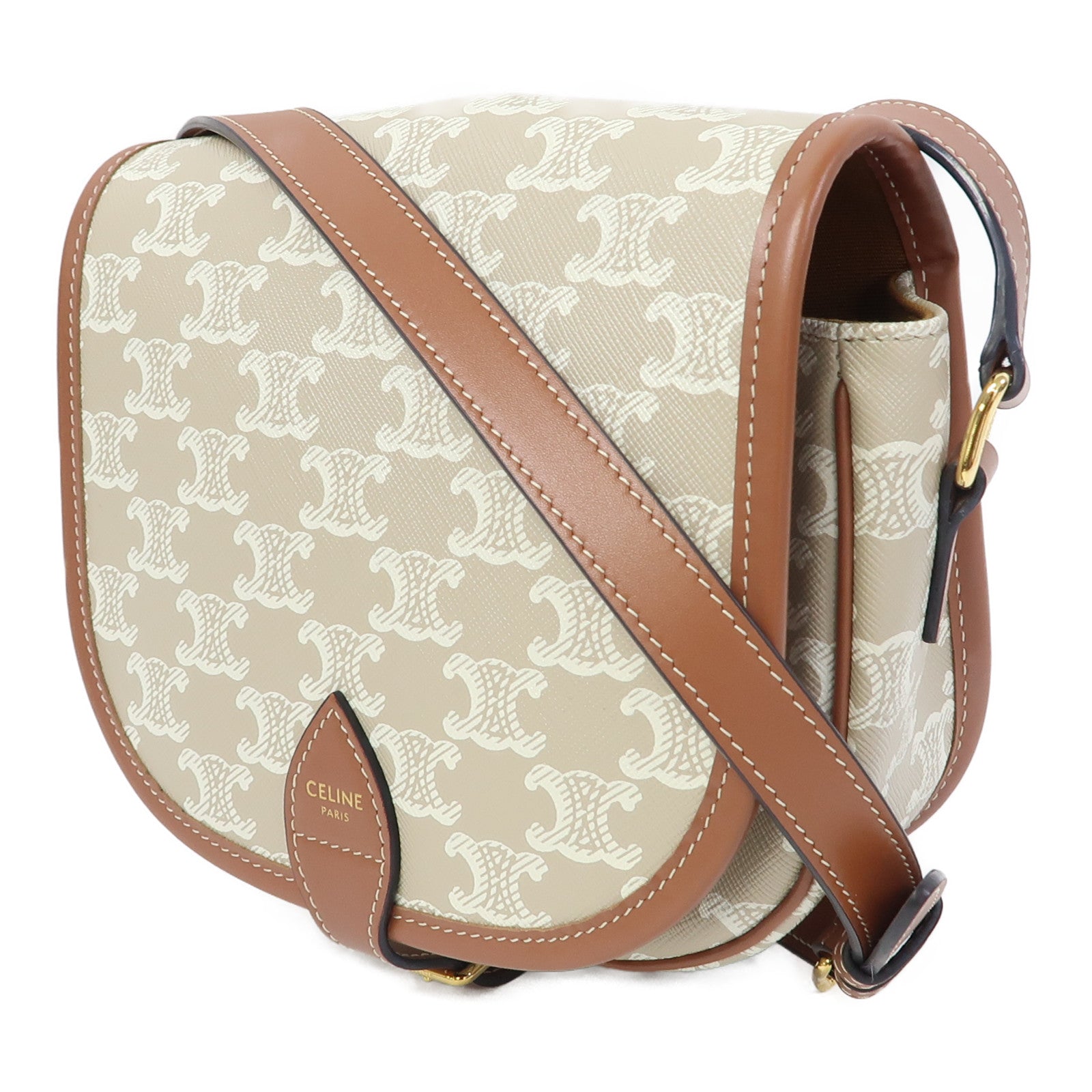 CELINE Triomphe帆布/牛皮皮革Folco Medium Bag金扣肩背袋卡其色/啡色