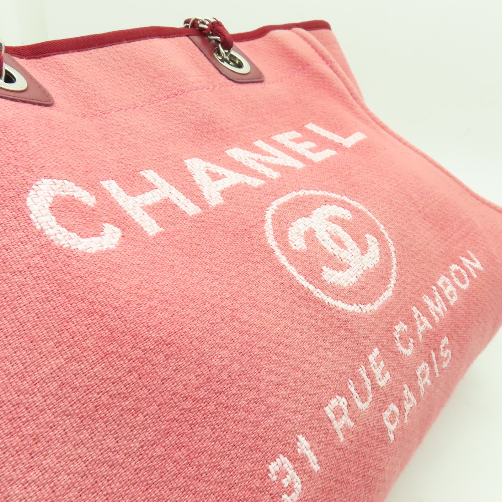 CHANEL 帆布Deauville Chain MM銀扣鏈帶肩背袋粉紅色