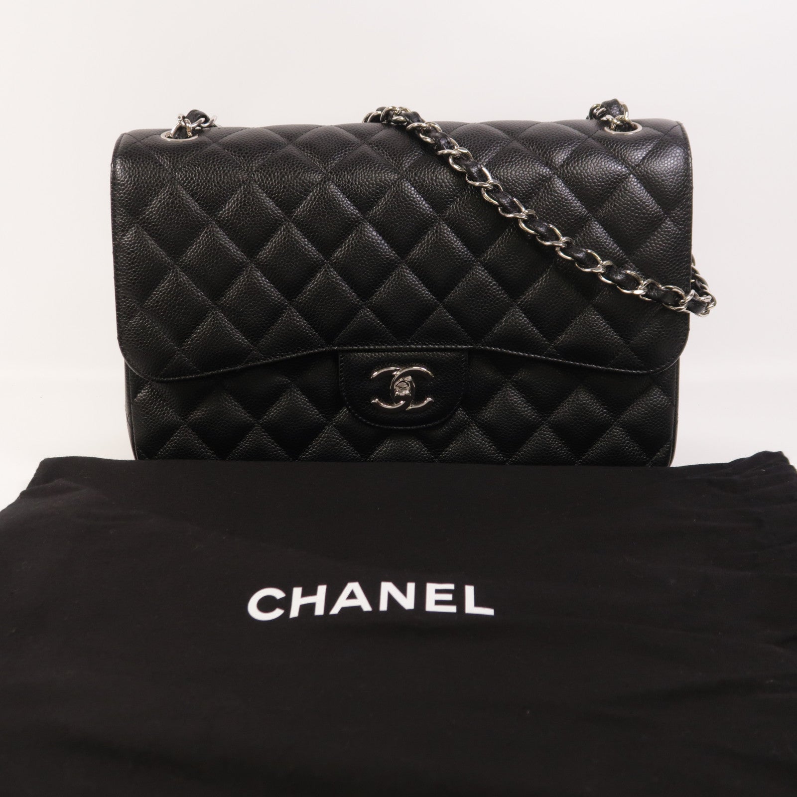 CHANEL 牛皮皮革Large Classic銀扣鏈帶肩背袋