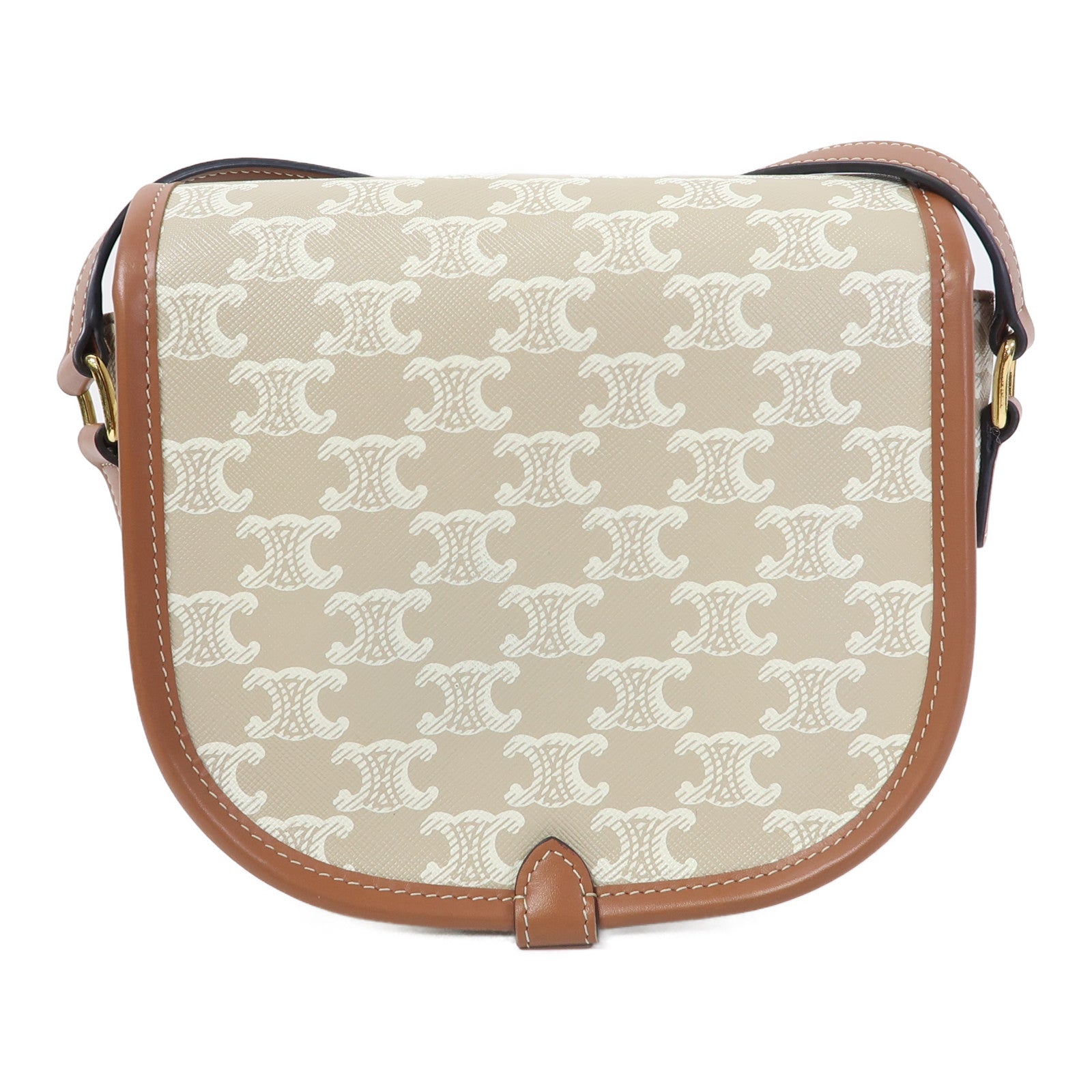 CELINE Triomphe帆布/牛皮皮革Folco Medium Bag金扣肩背袋卡其色/啡色