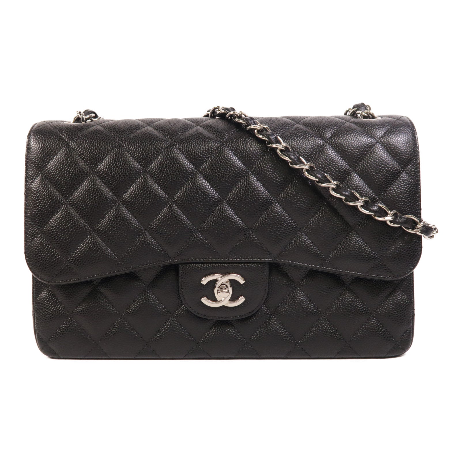 CHANEL 牛皮皮革Large Classic銀扣鏈帶肩背袋
