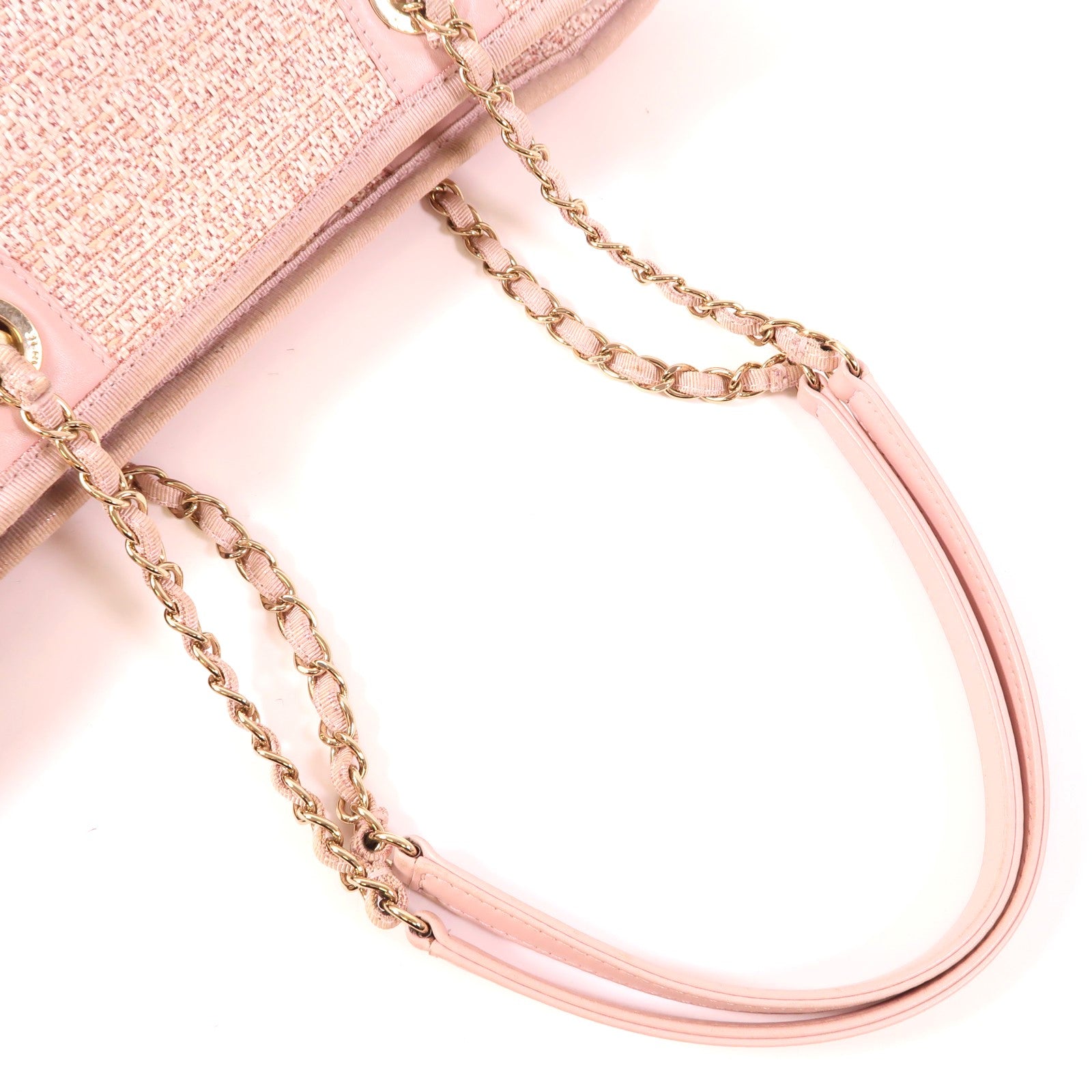 CHANEL 拉菲草Deauville Tote Bag金扣鏈帶肩背袋