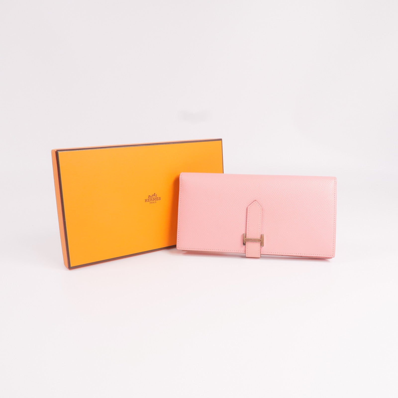 HERMES Epsom皮革Bearn W Snap銀扣長錢包Rose confetti