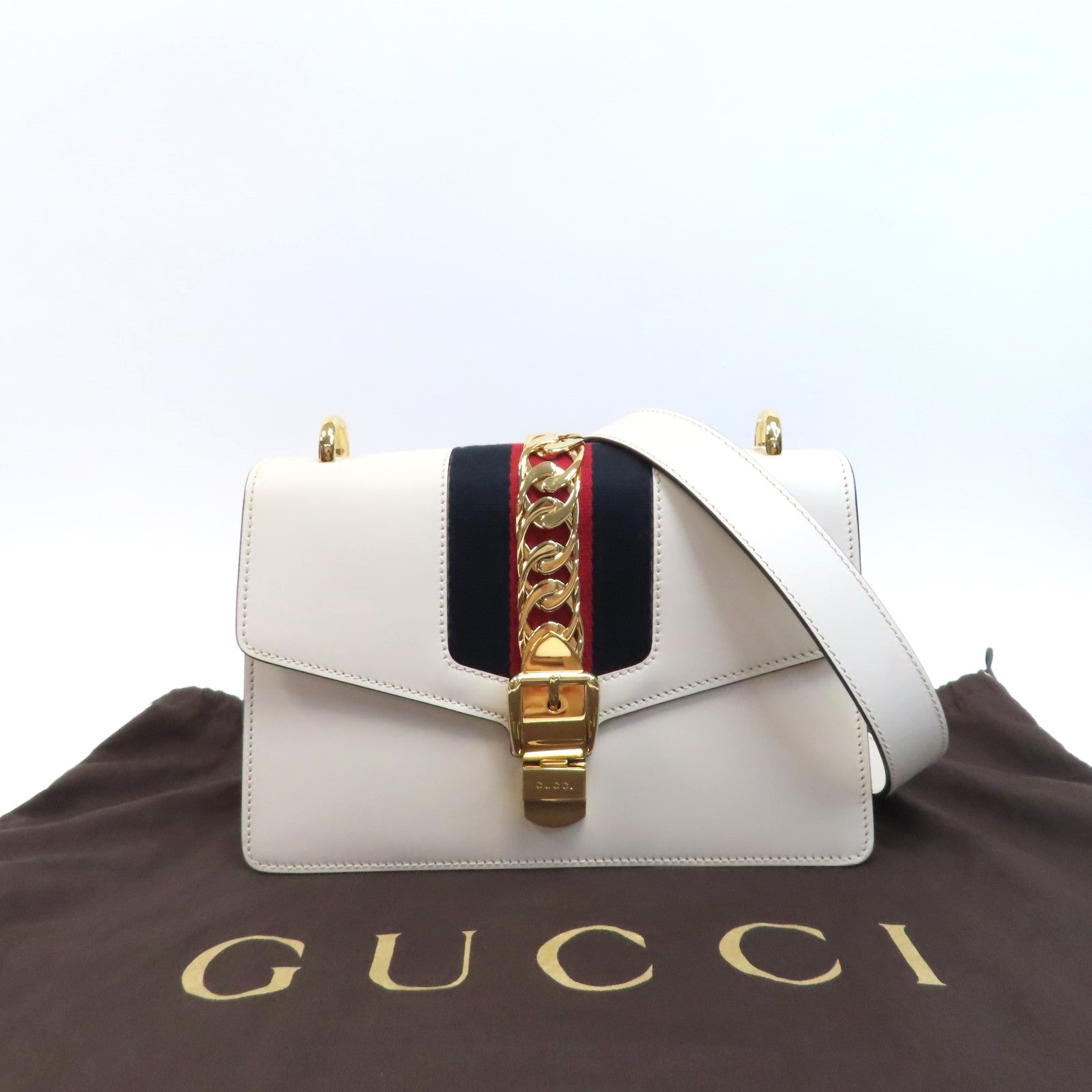 GUCCI 牛皮皮革Sylvie金扣肩背袋白色