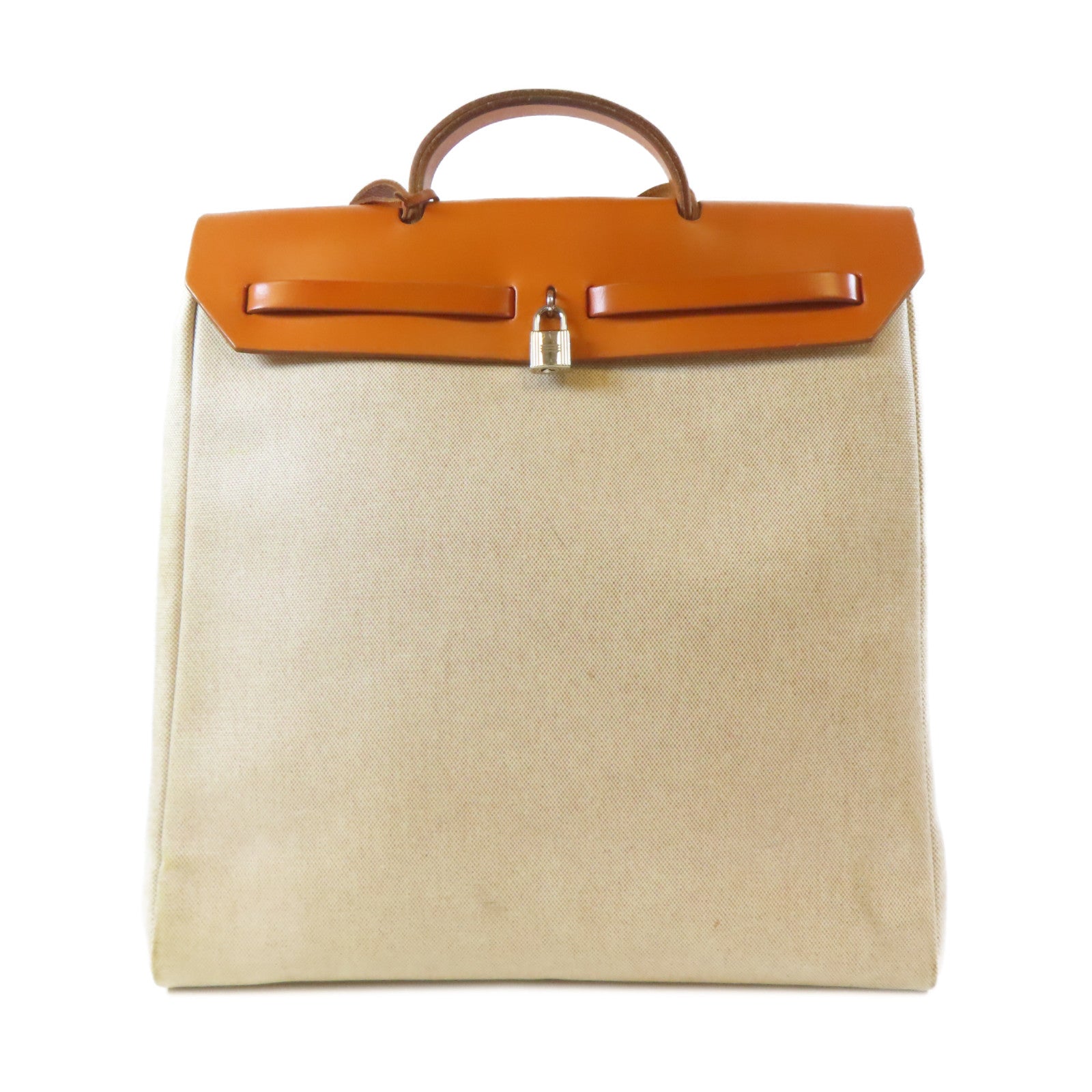 HERMES 帆布Herbag GM銀扣手挽肩背兩用袋米色