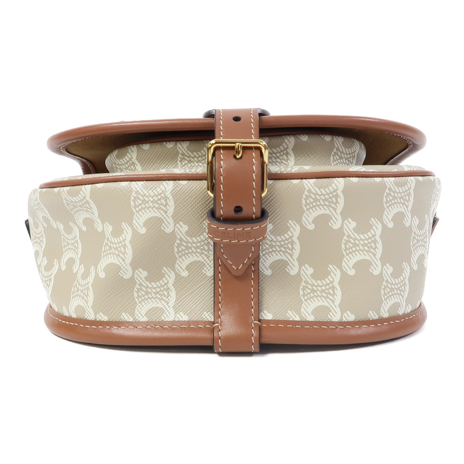 CELINE Triomphe帆布/牛皮皮革Folco Medium Bag金扣肩背袋卡其色/啡色