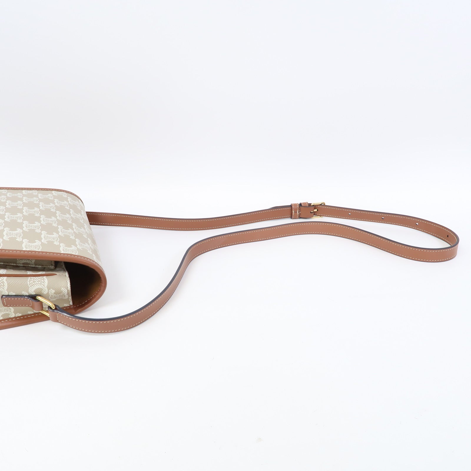 CELINE Triomphe帆布/牛皮皮革Folco Medium Bag金扣肩背袋卡其色/啡色