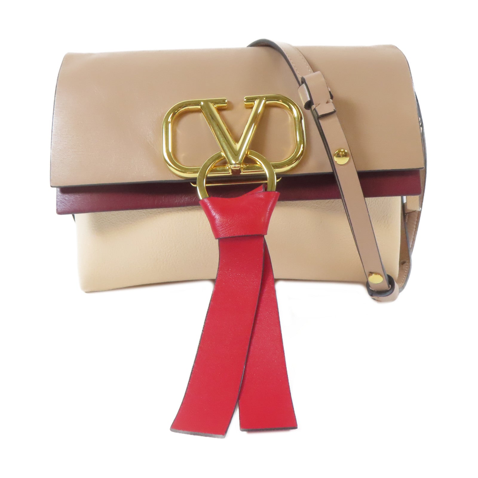 Valentino 【激減優惠】牛皮皮革Shoulder Bag金扣肩背袋杏色/深紅色