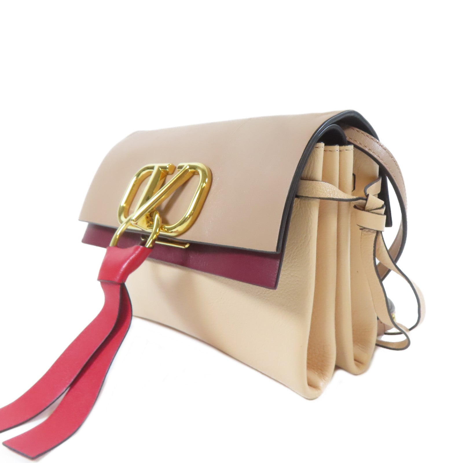 Valentino 【激減優惠】牛皮皮革Shoulder Bag金扣肩背袋杏色/深紅色