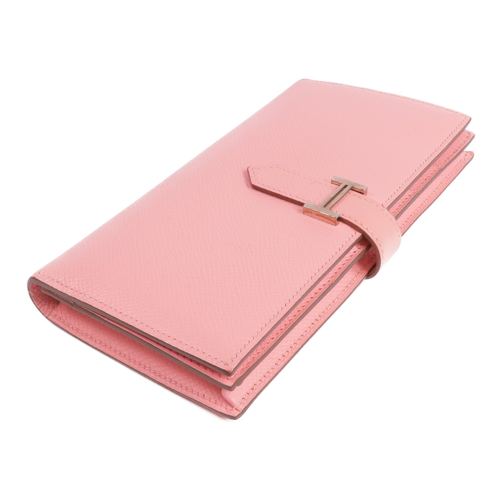 HERMES Epsom皮革Bearn W Snap銀扣長錢包Rose confetti