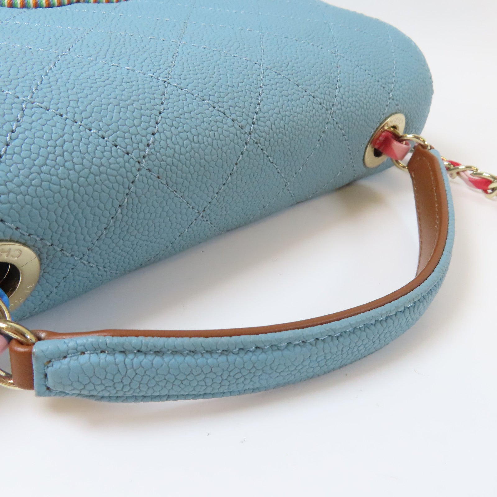 CHANEL 菱格Caviar皮革Cuba Top Handle Flap銀扣鏈帶手挽肩背兩用袋藍色