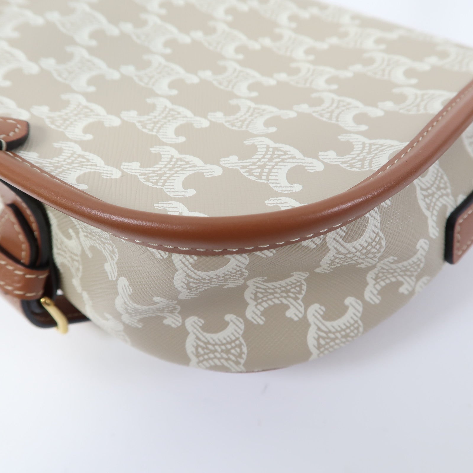 CELINE Triomphe帆布/牛皮皮革Folco Medium Bag金扣肩背袋卡其色/啡色