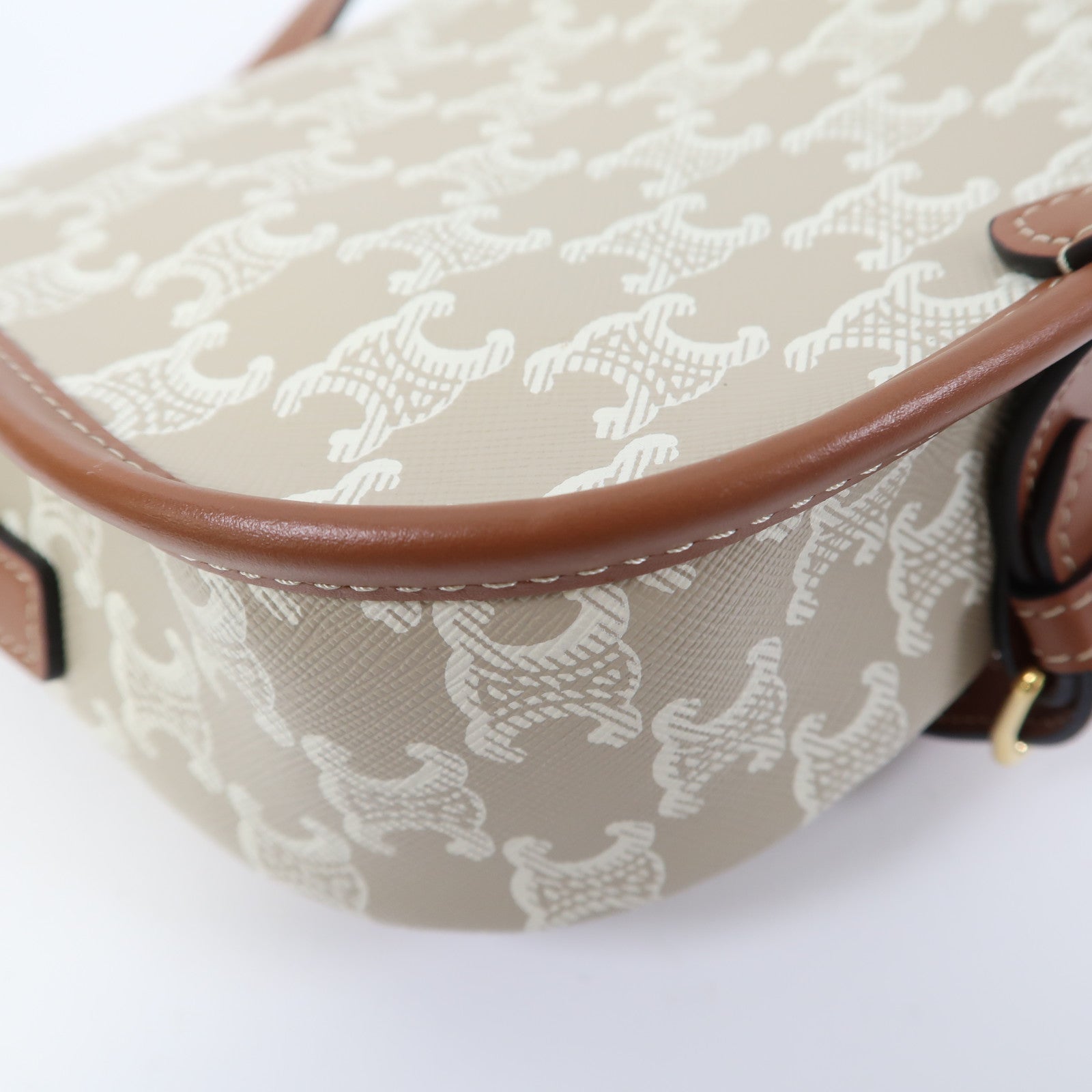 CELINE Triomphe帆布/牛皮皮革Folco Medium Bag金扣肩背袋卡其色/啡色