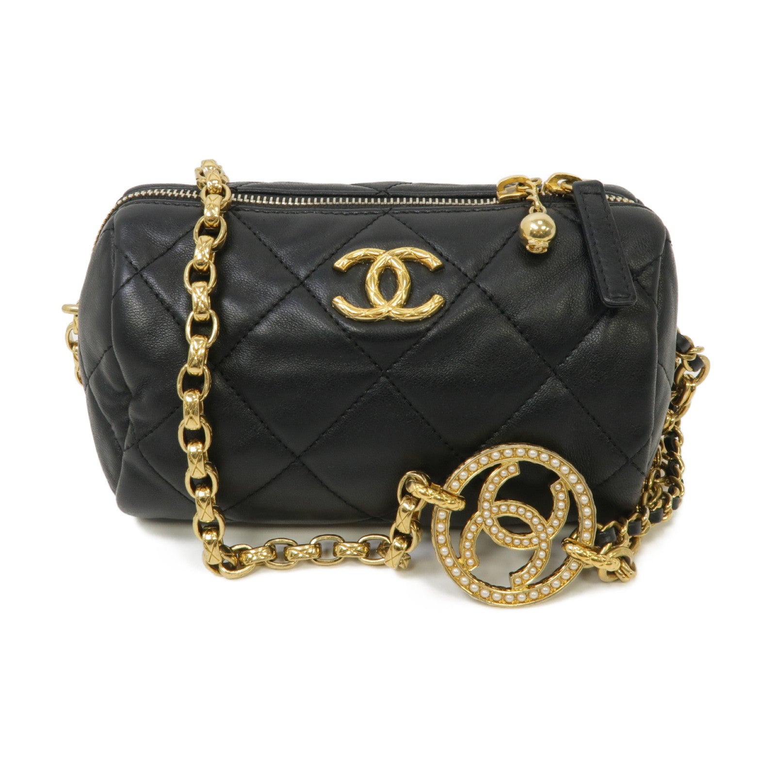 CHANEL 菱格羊皮皮革Bowling Chain Shoulder Bag金扣鏈帶肩背袋黑色