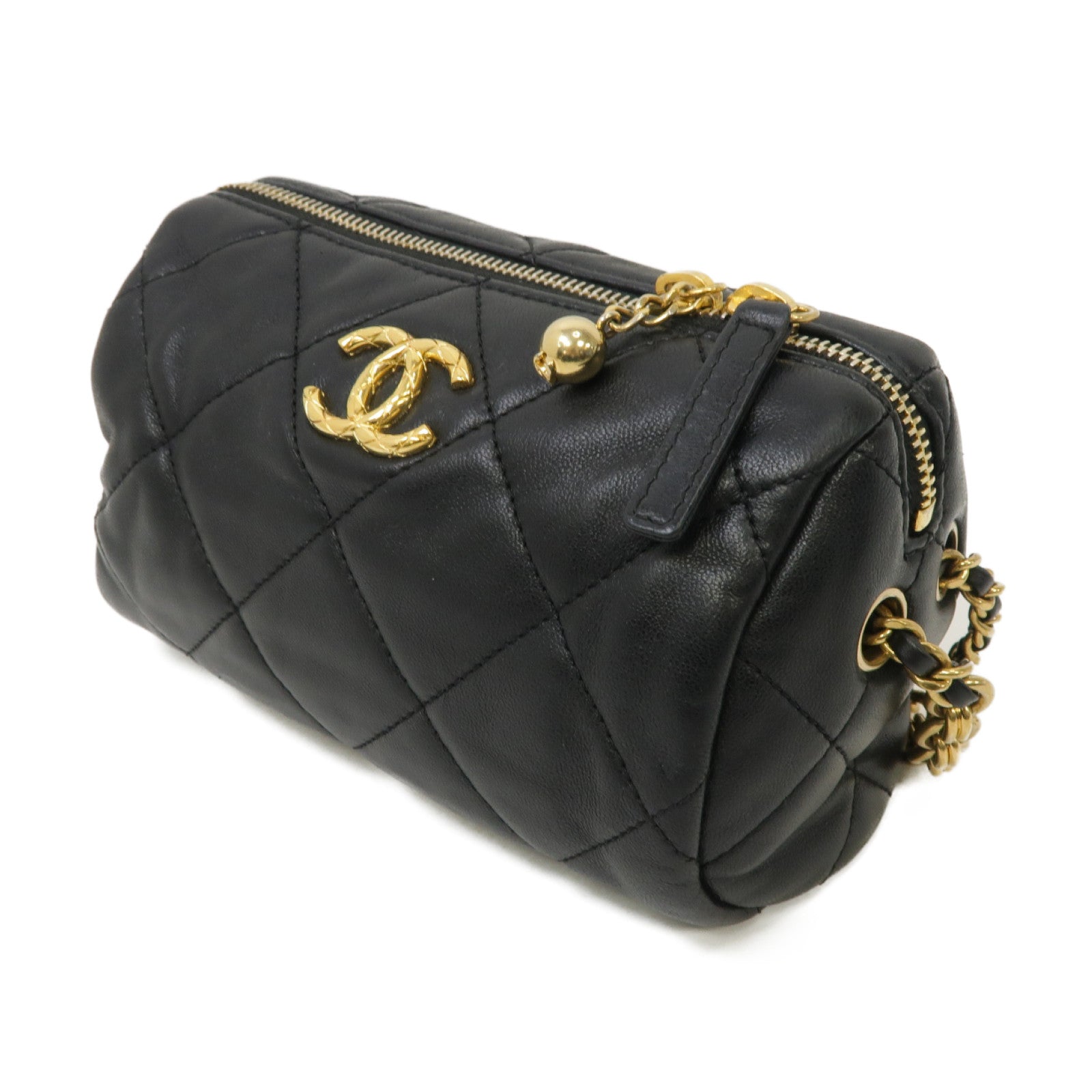 CHANEL 菱格羊皮皮革Bowling Chain Shoulder Bag金扣鏈帶肩背袋黑色