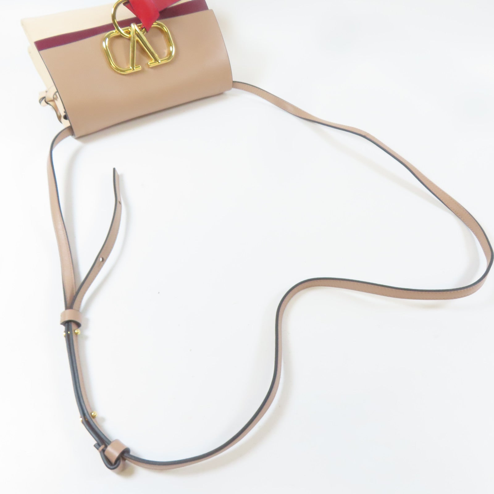 Valentino 【激減優惠】牛皮皮革Shoulder Bag金扣肩背袋杏色/深紅色