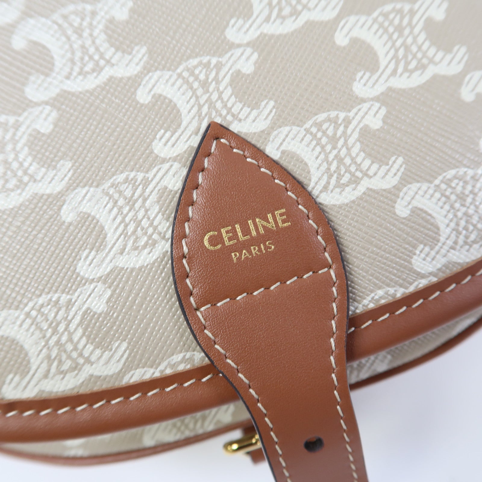 CELINE Triomphe帆布/牛皮皮革Folco Medium Bag金扣肩背袋卡其色/啡色