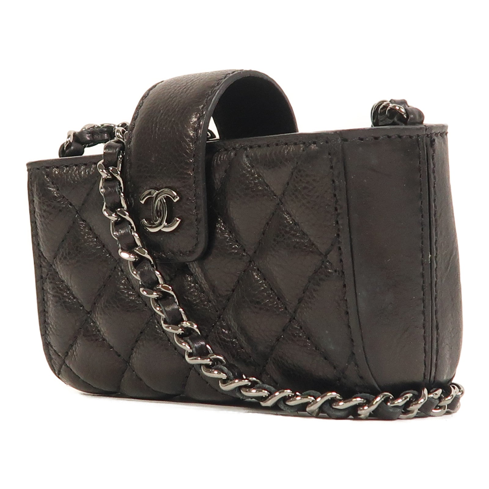 CHANEL 牛皮皮革Chain Shoulder銀扣鏈帶肩背袋
