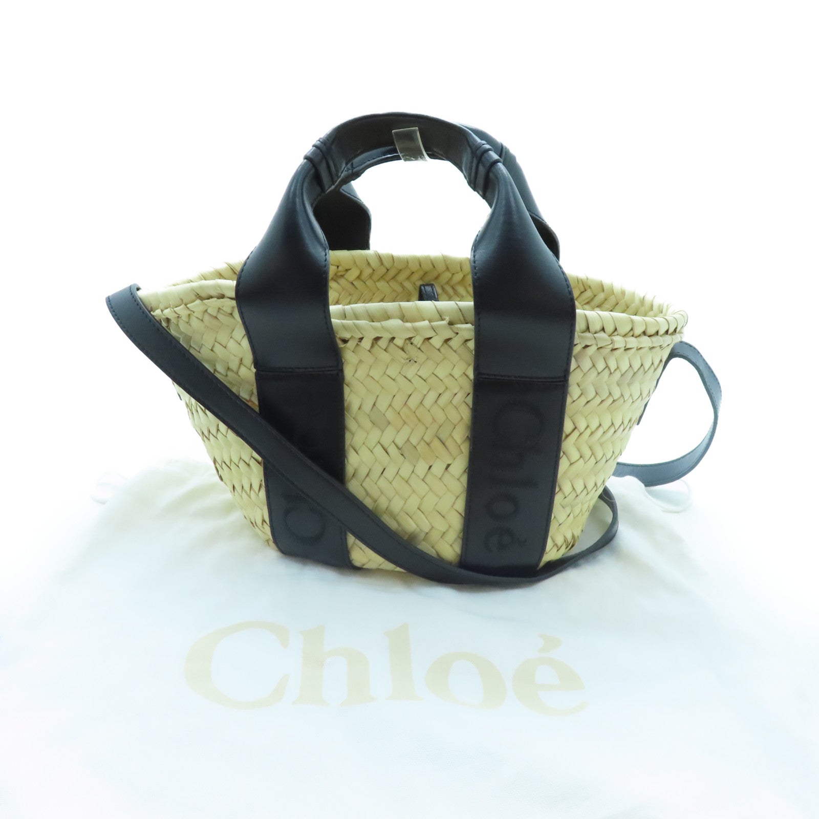 Chloe 牛皮皮革/酒椰Sense Small Basket銀扣手挽肩背兩用袋米色/黑色
