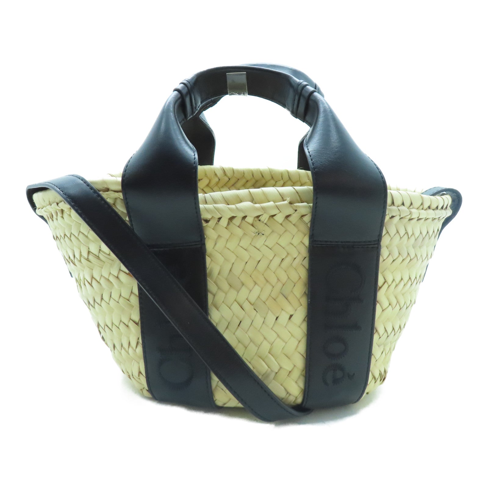 Chloe 牛皮皮革/酒椰Sense Small Basket銀扣手挽肩背兩用袋米色/黑色