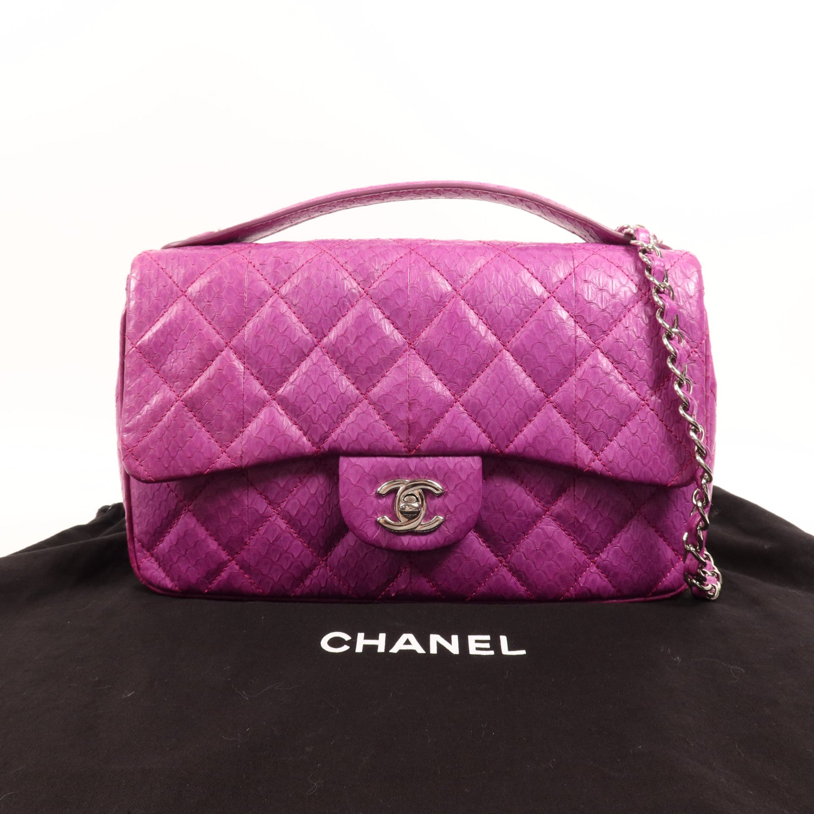 CHANEL 蛇皮皮革Shoulder Bag銀扣手挽肩背兩用袋