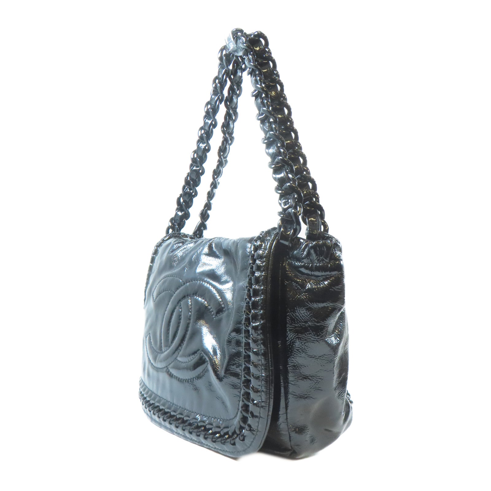 CHANEL 【激減優惠】漆皮皮革Chain Shoulder肩背袋黑色