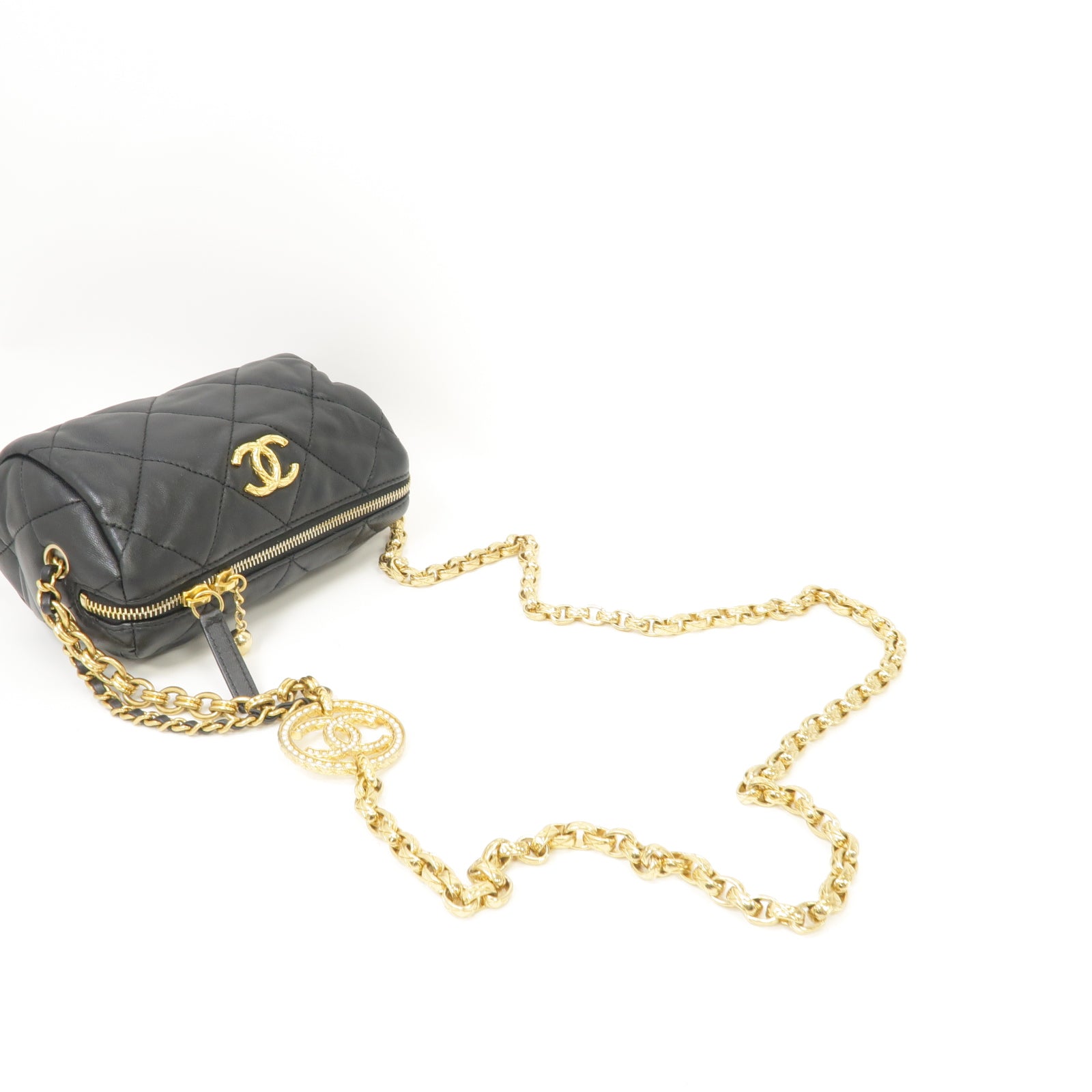 CHANEL 菱格羊皮皮革Bowling Chain Shoulder Bag金扣鏈帶肩背袋黑色
