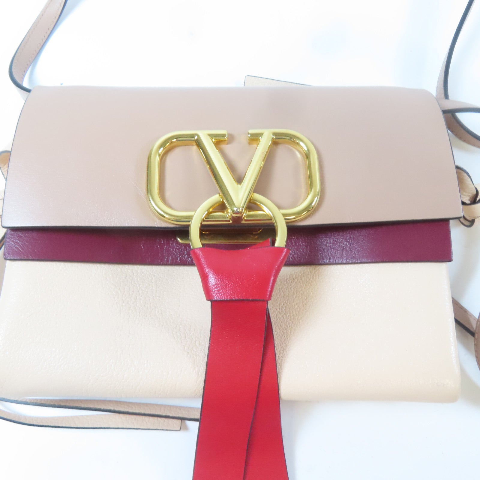 Valentino 【激減優惠】牛皮皮革Shoulder Bag金扣肩背袋杏色/深紅色