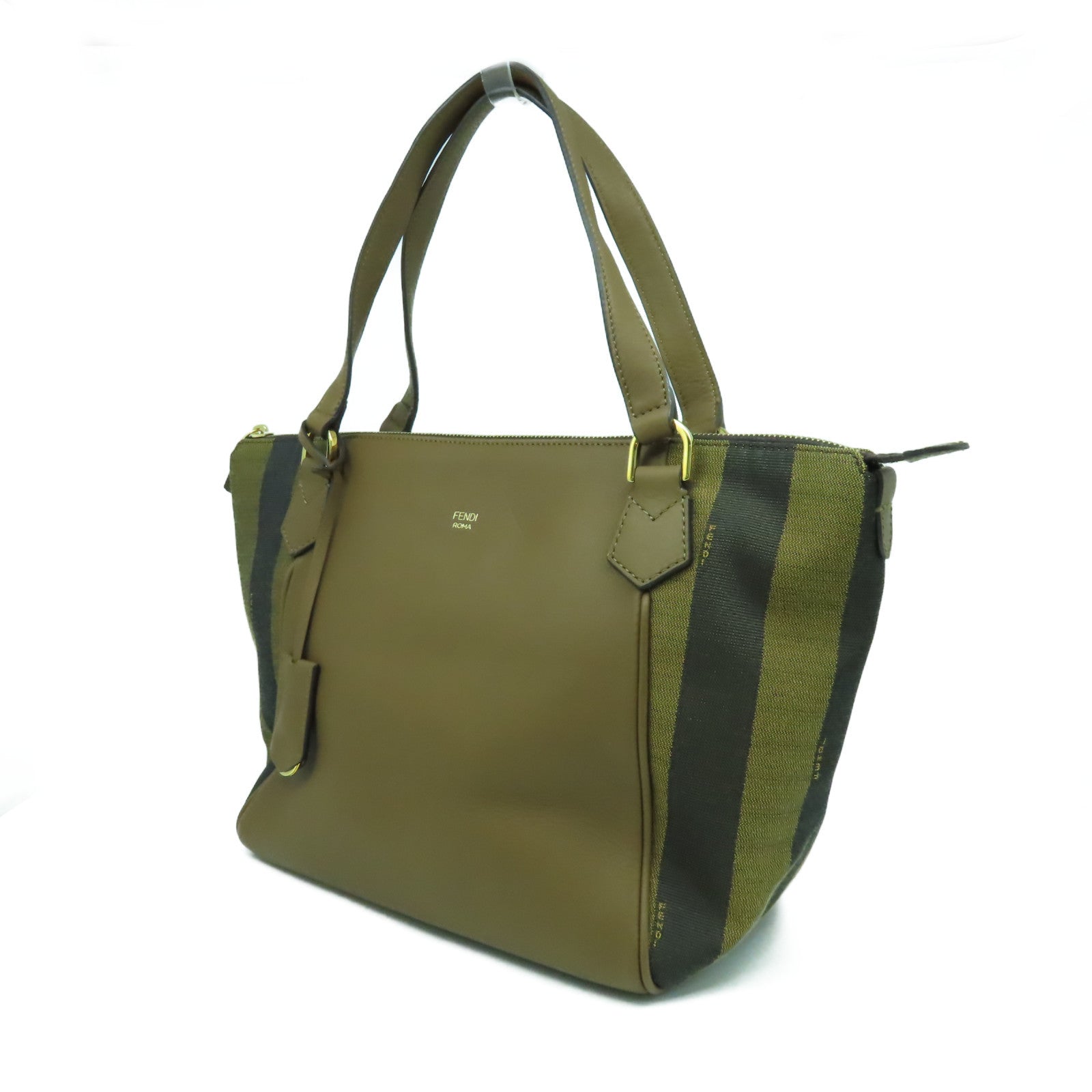 FENDI 【激減優惠】帆布/皮革Shoulder Bag金扣肩背袋啡色