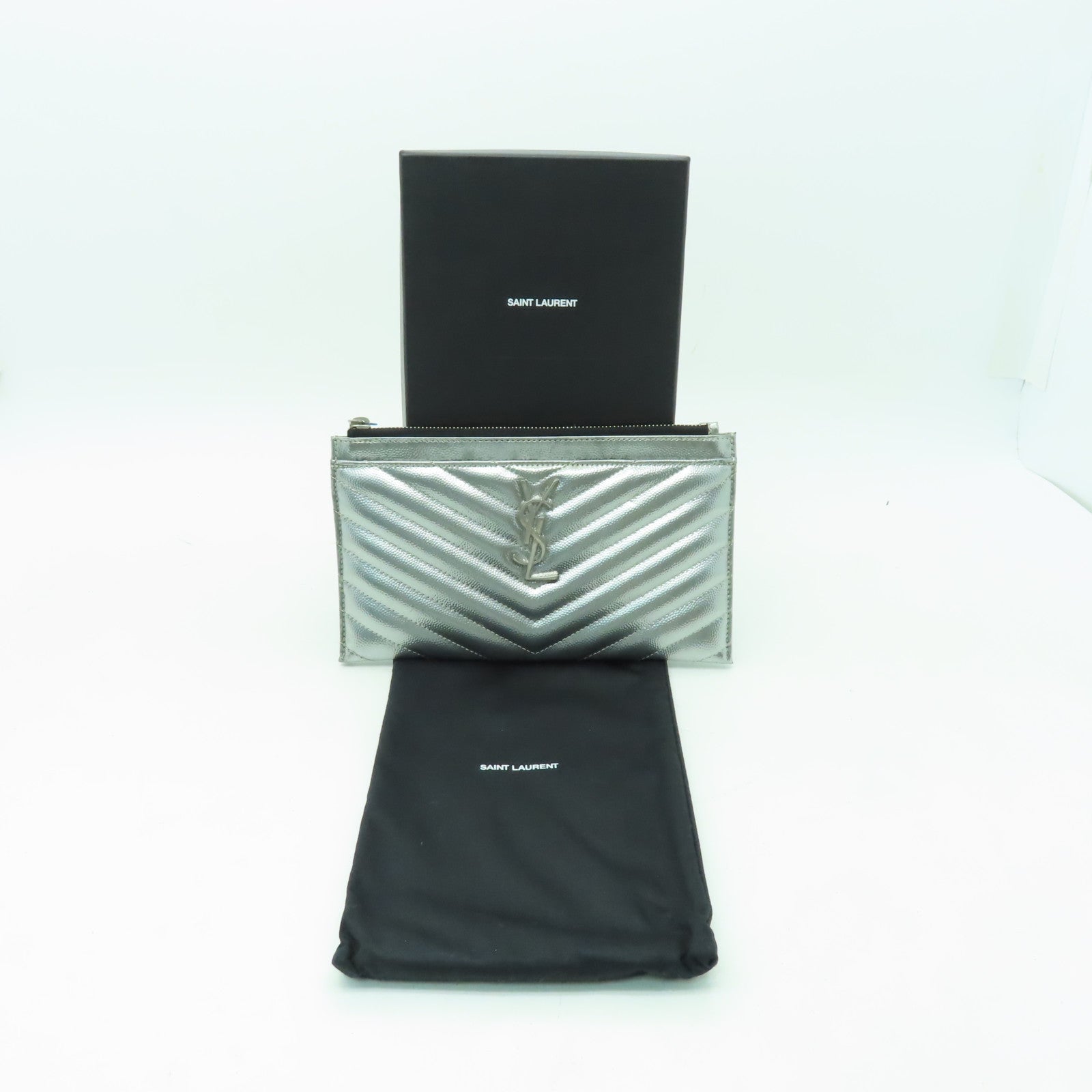 SAINT LAURENT 【激減優惠】牛皮皮革Clutch Bag銀扣錢包銀色