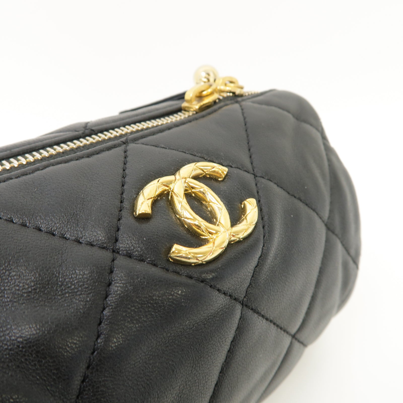 CHANEL 菱格羊皮皮革Bowling Chain Shoulder Bag金扣鏈帶肩背袋黑色