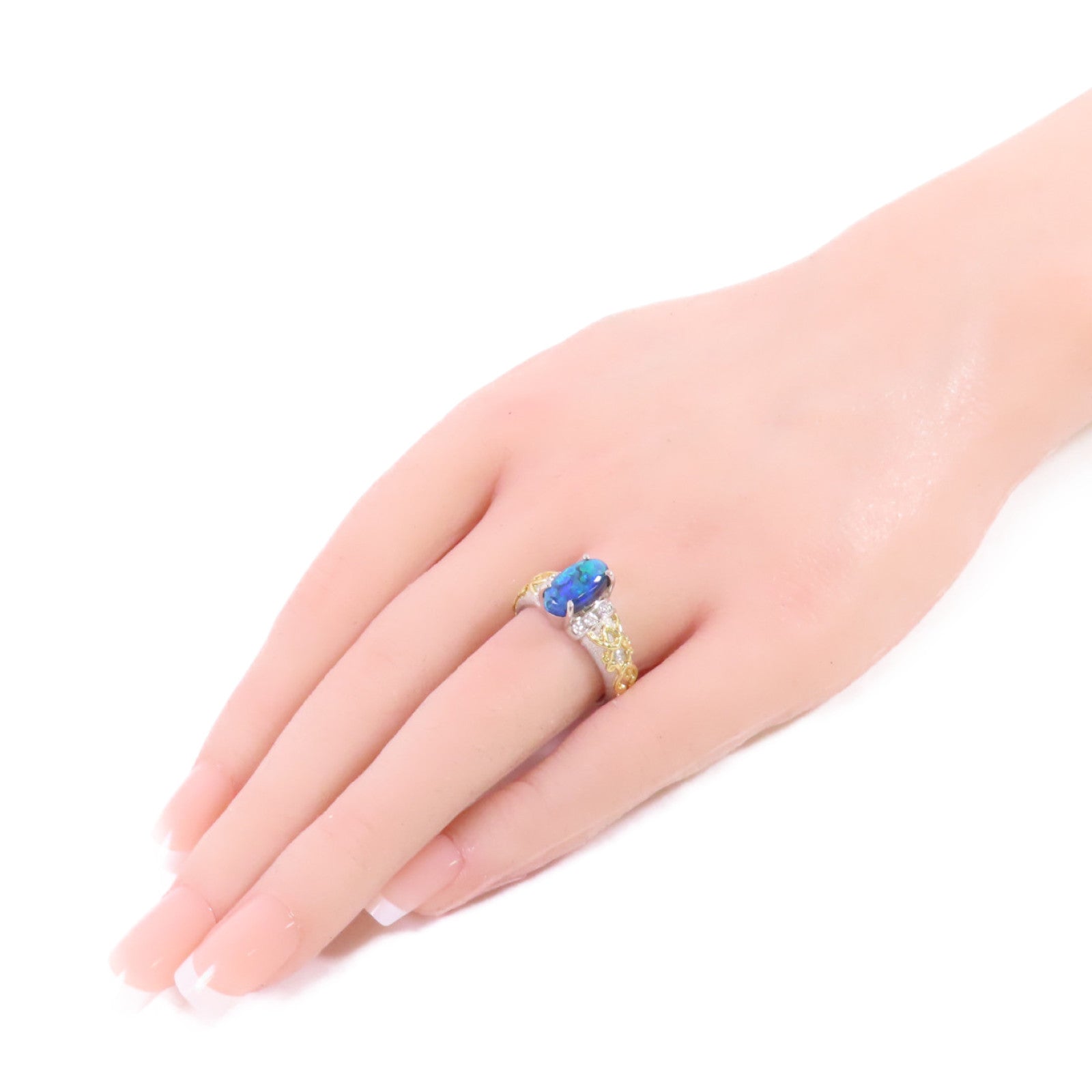 JEWELRY PT900鉑金/18K黃金/1.89ct黑蛋白石/0.24ct鑽石Black Opal/Diamond Ring戒指US#7