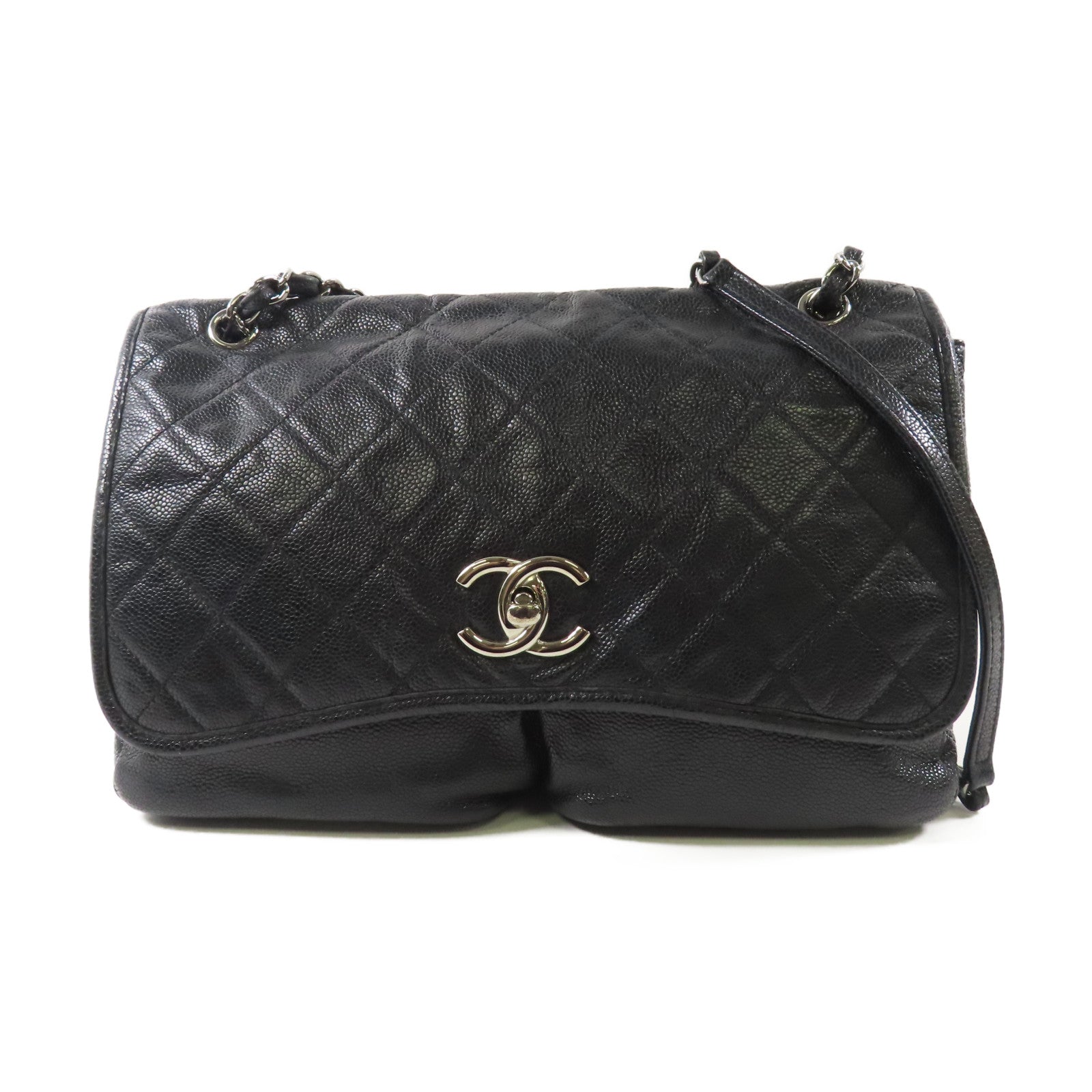 CHANEL 牛皮皮革Split Pocket Flap銀扣肩背袋