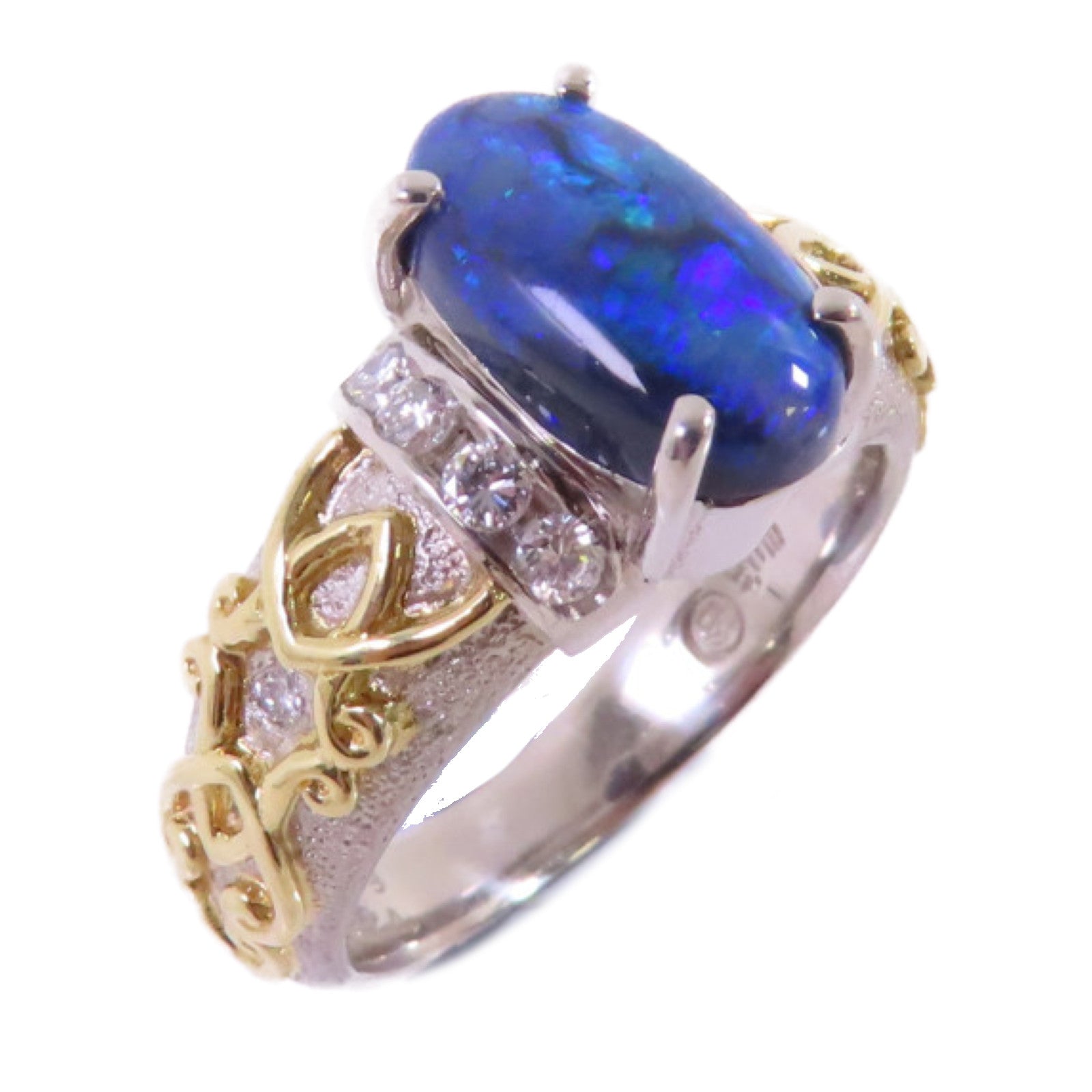 JEWELRY PT900鉑金/18K黃金/1.89ct黑蛋白石/0.24ct鑽石Black Opal/Diamond Ring戒指US#7