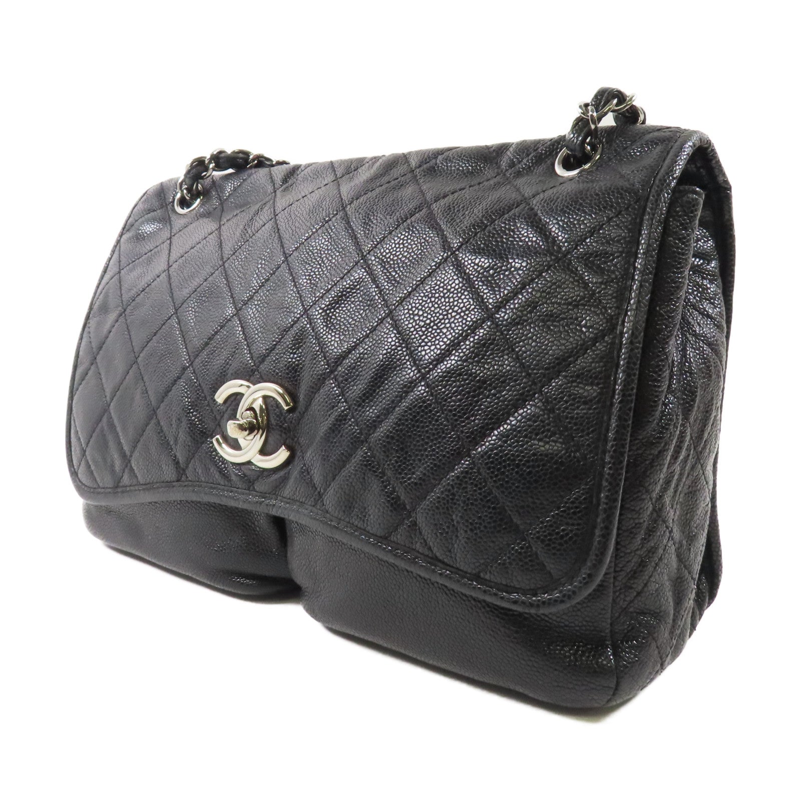 CHANEL 牛皮皮革Split Pocket Flap銀扣肩背袋