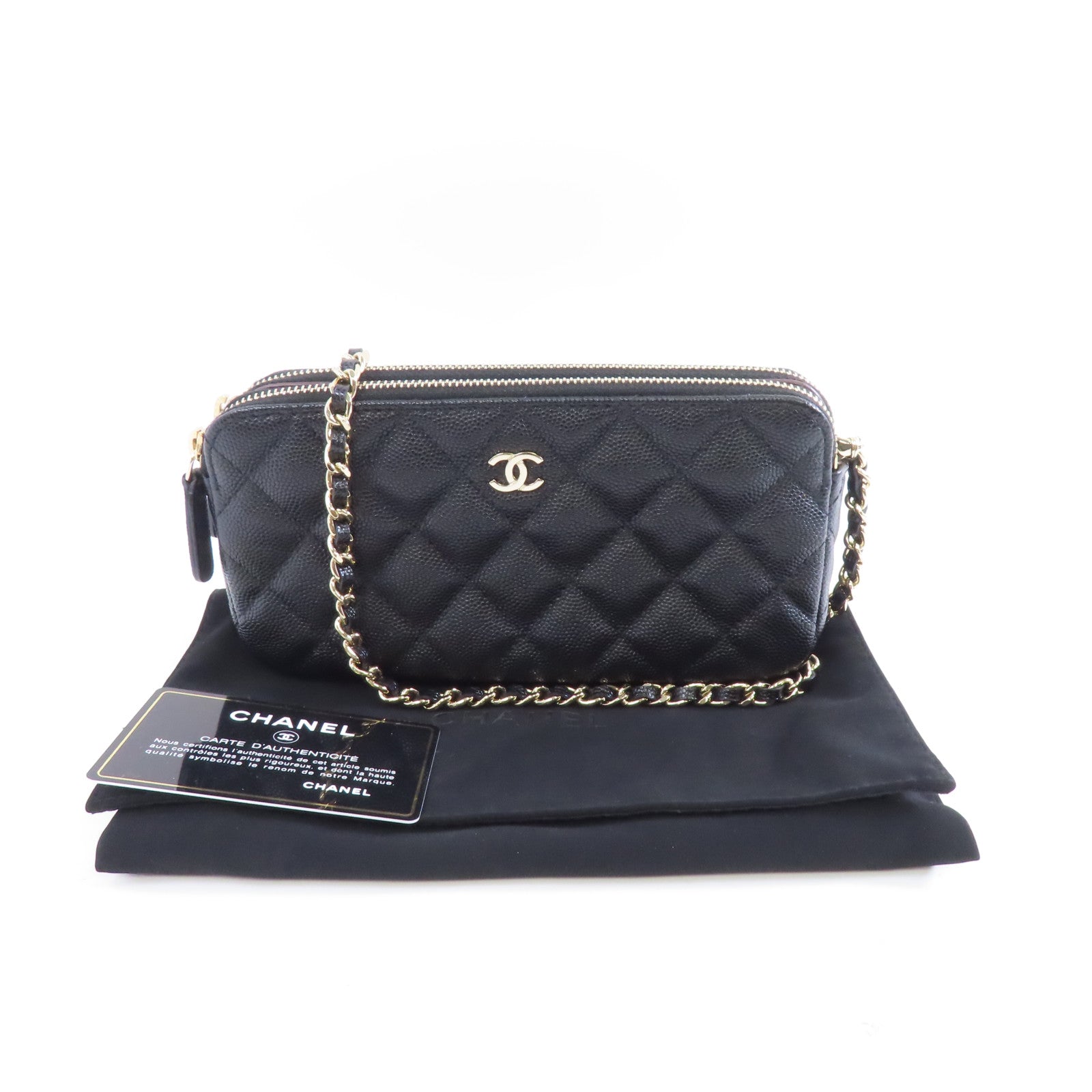 CHANEL 皮革Chain Shoulder金扣鏈帶肩背袋黑色